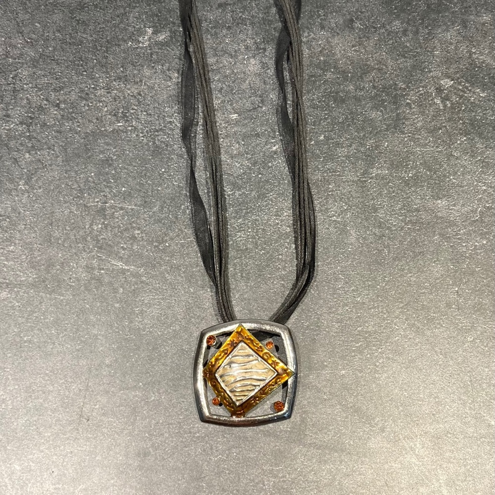 Mixed Metal Necklace 1.5” Pendant on Organza and Cord‎ String